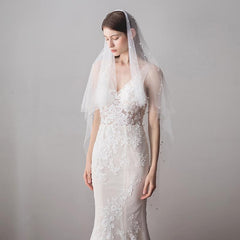One Layer Ivory Wedding Veil with Pearl Beaded Soft Tulle