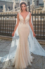 Plunging Neck Mermaid Wedding Dress with Sparkle Sequin Tulle Lace Layer Bridal Gown