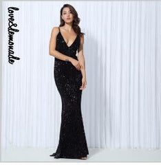 Sequin V Collar Exposed Back Long Dress