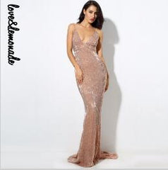 Sequin V Collar Exposed Back Long Dress