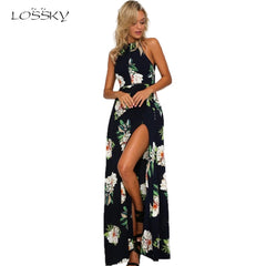 Floral Print Halter Chiffon Long Dress