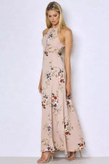 Floral Print Halter Chiffon Long Dress