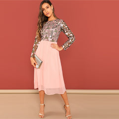 Pink Flower Embroidered Contrast Mesh A-Line Dress