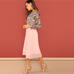 Pink Flower Embroidered Contrast Mesh A-Line Dress