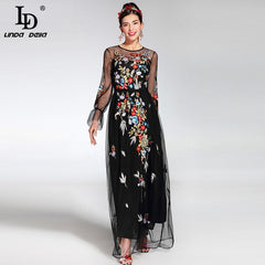 Long Sleeve Tulle Gauze Floral Embroidery Black Vintage Long Dress