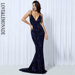 Sequin V Collar Exposed Back Long Dress