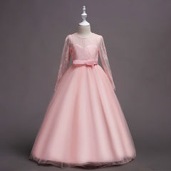 Flower Girl's Long Sleeve Lace Stitching Dress