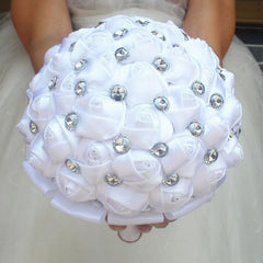 Pure White Silk Wedding Bouquet with Silver Gem
