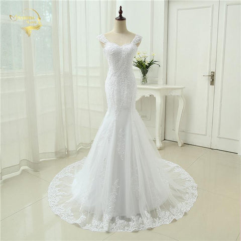 Sexy  Mermaid Tulle With Lace Detachable Straps Long Wedding Dress