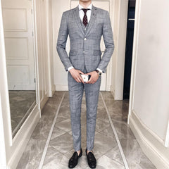 Two-Button Suit Plaid Stretch Fabric  Suit Set 3Pcs