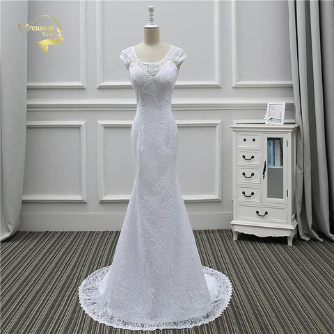 V Neck Sexy Simple Lace White Mermaid Wedding Dress