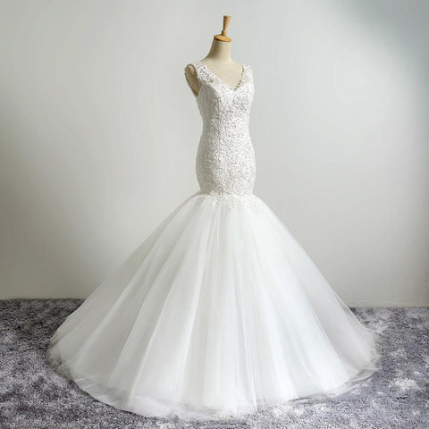 V-Neck Sleeveless Mermaid Wedding Dress Form Fitting Lace Fabric Short Train