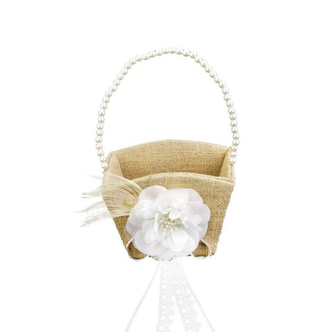 Vintage Pearl Ribbon Burlap Flower Girll Basket