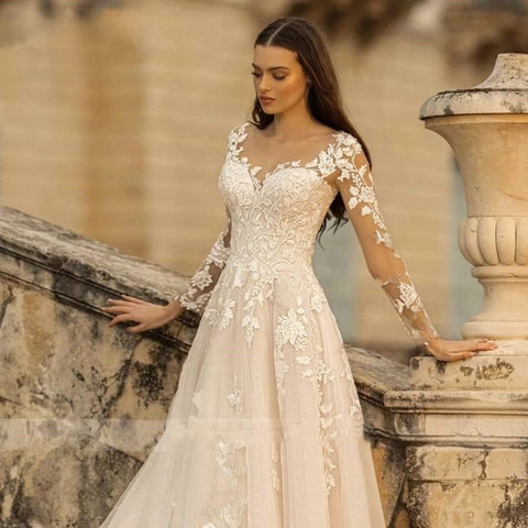 Lace Up A-Line Appliques Long Sleeves Bride Gown