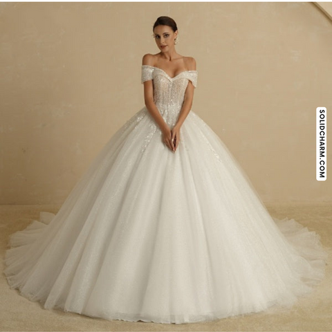 Off-Shoulder Ivory Beading Wedding Ball Gown