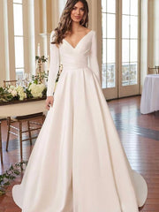 PERFECT Elegant V-Neck Satin Wedding Dresses Simple Long Sleeves Backless A-Line Bridal Gowns Custom Made Vestidos De Novia