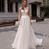 Boho Elegant A Line Lace Wedding Dress For Women 2023 Sleeveless Bridal Gowns O-Neck Bead Appliqued Vestidos De Novia