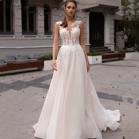 Boho Elegant A Line Lace Wedding Dress For Women 2023 Sleeveless Bridal Gowns O-Neck Bead Appliqued Vestidos De Novia