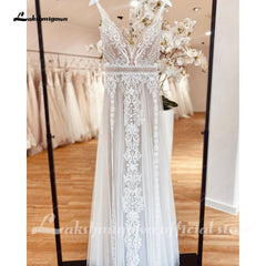 Lakshmigown Plunging V Bohemian Wedding Dress 2023 Vestido Noiva Summer A Line Boho Wedding Dress V Neck Lace Open Back Sleevele