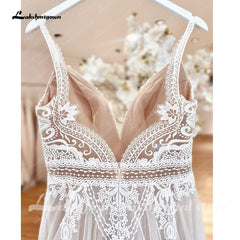 Lakshmigown Plunging V Bohemian Wedding Dress 2023 Vestido Noiva Summer A Line Boho Wedding Dress V Neck Lace Open Back Sleevele