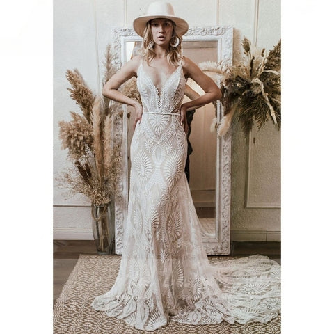 Bohemian V Neck Lace Gown