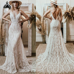 Bohemian V Neck Lace Gown