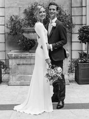 Elegant Simple Long Sleeve Wedding Dress Satin 2020 O-Neck Open Back Mermaid Bridal Gowns with Sweep Train Plus Size