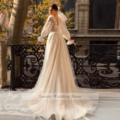 Long Sleeves V Neck See-through A Line Sweep Train Wedding Dress