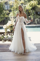 Soft Tulle Removable Long Sleeves Gown