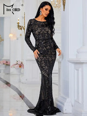 Missord Black Sequin Bodycon Prom Dress Women O Neck Long Sleeve Gorgeous Reflective Party Dresses Elegant Evening Gown