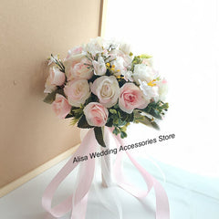 17cm Small Wedding Bouquet for Bridesmaids Handmade White Silk Roses Accessoires Mariage Witness Flower Girl Holder Customizable