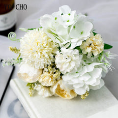 YO CHO Big Roses Hydrangea Artificial Flowers for Wedding Bouquet Home Decoration Rose Silk Bouquet Fake Flowers Head Plast Stem