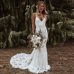 Rustic Lacy Mermaid Spaghetti Straps Bridal Gown