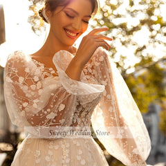 Long Sleeves V Neck See-through A Line Sweep Train Wedding Dress