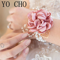 YO CHO Wrist Corsage Wedding Bracelet for Bridesmaid Burgundy Silk Wrist Corsage Bridesmaid Sisters Hand Flowers Men Boutonniere