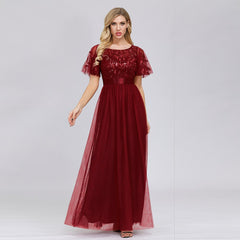 Robe De Soiree Sparkle Evening Dresses Long A-Line O-Neck Short Sleeve Formal Dresses Women Elegant Gowns Sequined Tulle Vestido