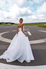 Boat Neck Detachable Puff Sleeve A-Line Wedding Dress