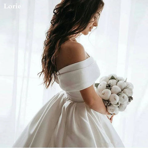 LORIE Princess Wedding Dresses Satin Vintage Off The Shoulder Wedding Bride Dresses Long Train White Wedding Ball Gown Customize