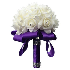 Holding PE Flowers Artificial Rose Wedding Bouquet with Silk Satin Ribbon Champagne Bridesmaid Bridal Party Multi Color