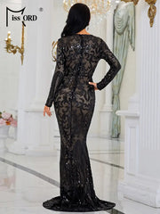 Missord Black Sequin Bodycon Prom Dress Women O Neck Long Sleeve Gorgeous Reflective Party Dresses Elegant Evening Gown