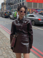 Fashion Pu Leather Jacket Skirt Sets For Women Lapel Long Sleeve Single Breasted Coat  Mini Skirts Suit 2024 Autumn Lady Outfits