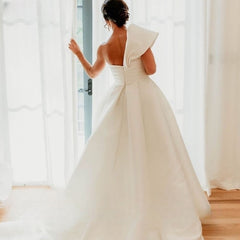 One Shoulder Pleated Satin Wedding Dress