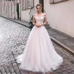 Bohemia Wedding Dress 2023 Illusion O-Neck Lace Appliques Pearls Elegant Sweep Train Vestido De Noiva Civil Custom Made