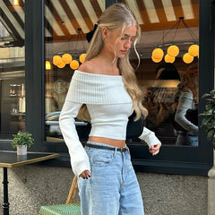 WhereMery Solid Elegant Off Shoulder Ribbed Crop Tops Summer Fashion Casual Skinny Long Sleeve Camis Gentle Y2K Tight T-shirts