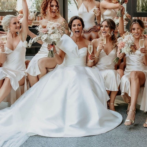 One Shoulder Pleated Satin Wedding Dress