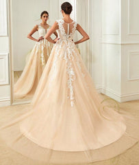 Champagne Tulle Ivory Lace Appliques Wedding Gown 2022 Bridal Dresses Long Sweep Train Sleeveless A Line Bride Women Wear