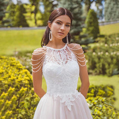 I OD Bohemian A-Line Wedding Dresses O-Neck Beading Sleeves Lace Appliques Illusion Tulle Bridal Gown Sweep Train Vestidos New