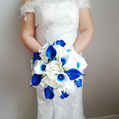 Royal Blue Calla Lilies with Ivory Rose Round Bridal Bouquet Wedding flowers Bridesmaid Bouquet Wedding Accessories düğün buket