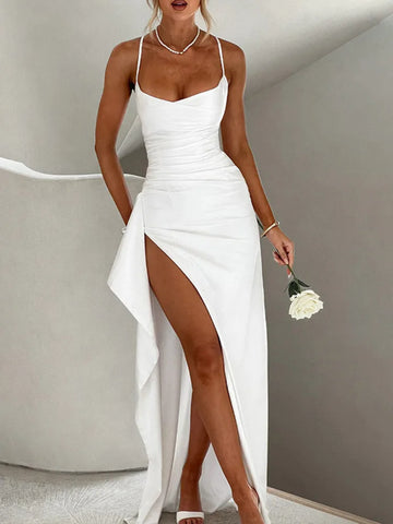 Mozision Spaghetti Strap Thigh High Split Sexy Maxi Dress Women Elegant Satin High Elastic Sleeveless Backless Club Party Dress