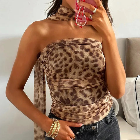 HXAO Leopard Mesh Tops Women Print Halter Top Woman Strapless Backless Top Sexy Lingerie Ladies Summer Top Off Shoulder Crop Top
